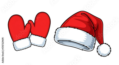 Christmas Hat and Mittens: Festive Red Winter Holiday Apparel.
