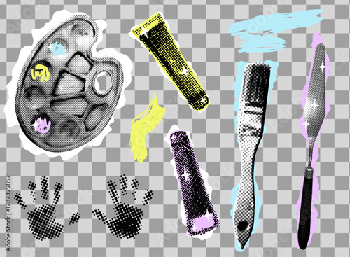 Halftone artist tools collage elements set. Half tone Contemporary vector poster. Modern y2k aesthethic Banner.