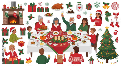 Festive Christmas Holiday Collection: Family Dinner Decorations Gifts and Seasonal Food Items.