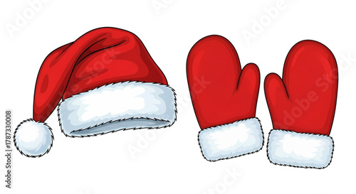 Festive Red Santa Hat and Matching Red Mittens Set.