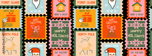 Christmas y2k postage stamps seamless pattern. Pixel art winter holiday postmarks. Festive mail stickers.