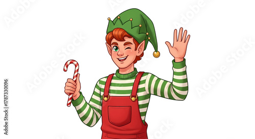 Cheerful Christmas Elf Waving with Candy Cane and Green Hat.