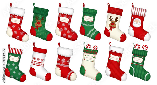Collection of festive Christmas stockings with various holiday designs.