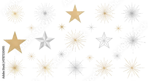 Elegant collection of gold and silver stars twinkles and starbursts for festive design.