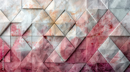 Abstract pink triangular background. Tile wallpaper, mosaic texture with geometric fluted triangles. Full frame.