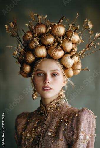 a person wearing an elaborate headdress made of golden onions and decorative branches, dressed in vintage-style attire: