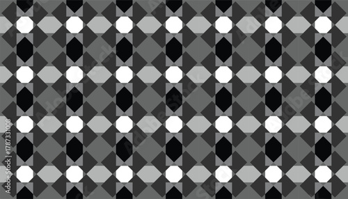An abstract grayscale pattern built from alternating circular and faceted shapes arranged in vertical alignment. Its repeating structure creates a striking, rhythmic visual flow