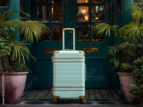 unbranded suitcase at boutique hotel entrance, brass details, quiet luxury mood