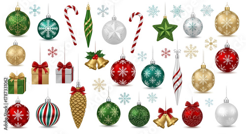 A diverse collection of hanging Christmas ornaments including baubles candy canes bells and stars in festive red green gold and silver colors.