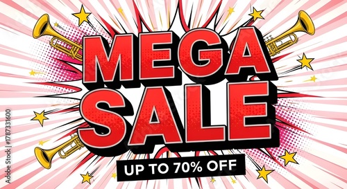 Bold mega sale announcement with trumpets and stars up to 70 percent off