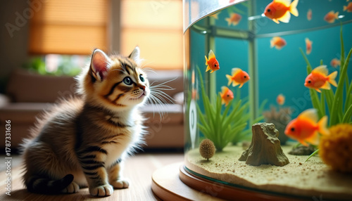 Cute kitten sits on soft carpet and looks with interest at colorful tropical fish swimming in spacious aquarium in cozy living room. Copy space. Close-up