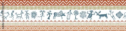 Ethnic seamless border on the theme of rock paintings, petroglyphs and geometric pattern, vector design, banner