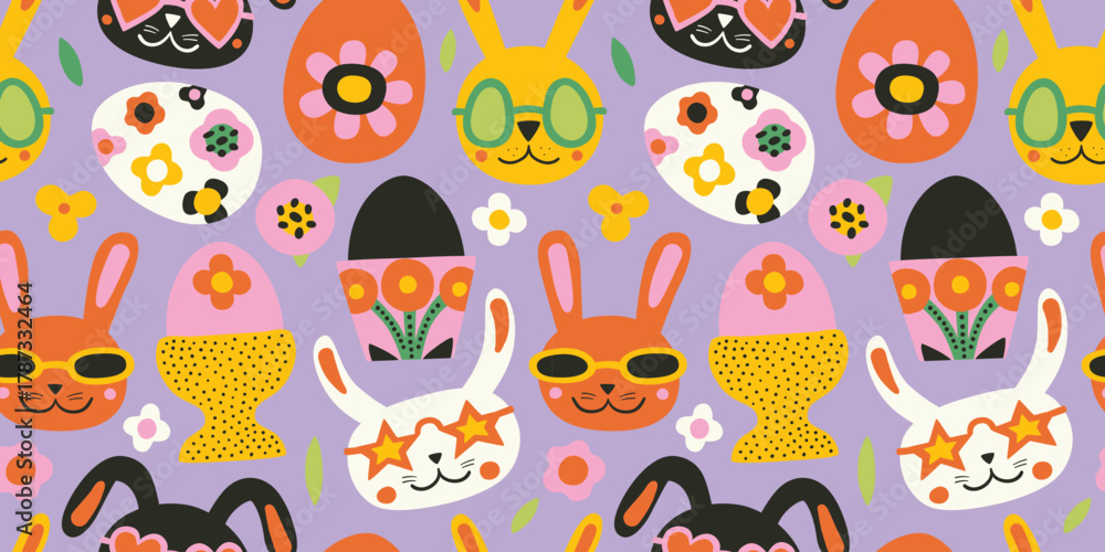 Fototapeta premium Seamless vector pattern with white rabbit, colorful bunnies, bunny heads, Easter eggs and flowers. Hand drawn cute Easter bunny pattern. Perfect for textile, wallpaper or nursery print design.