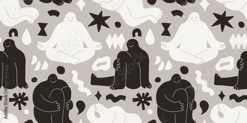 Various strange monochrome people or persons with big body and small heads. Cute disproportionate characters in different poses. Hand drawn Vector illustration. Seamless Pattern, textile, surface