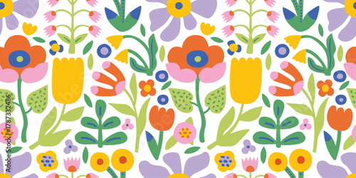 Seamless vector pattern with boho floral spring and summer flowers. Hand drawn groovy floral background. Perfect for textile, wallpaper or nursery print design. Bright colors, white background.