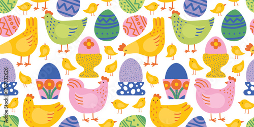 Seamless pattern with cute hen, chick and Easter eggs for your fabric, children textile, apparel, nursery decoration, gift wrap paper. Chicken, birds, farm background.