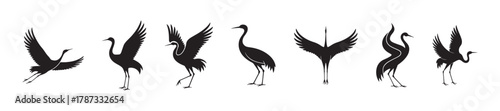 Crane bird silhouettes collection, elegant heron poses, flying and standing birds, wildlife illustration, nature animal design, graceful bird vector art, black silhouette