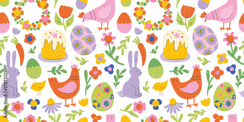 Happy Easter seamless pattern with cute chick, colourful eggs, flowers, carrots, baby chicken and rabbits. Animal wildlife holiday cartoon character, vector design. Textile, wrapping paper.