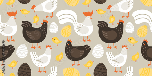 Seamless pattern with cute hen, rooster, chick and Easter eggs for your fabric, children textile, apparel, nursery decoration, gift wrap paper. Chicken, birds, farm background.