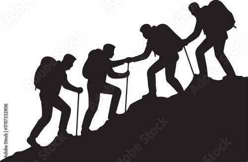  Four hikers supporting each other on a hilltop black silhouette vector