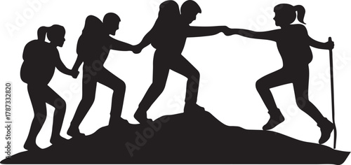  Four hikers supporting each other on a hilltop black silhouette vector
