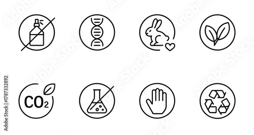 Eco friendly organic sustainability outline icons set for green product design
