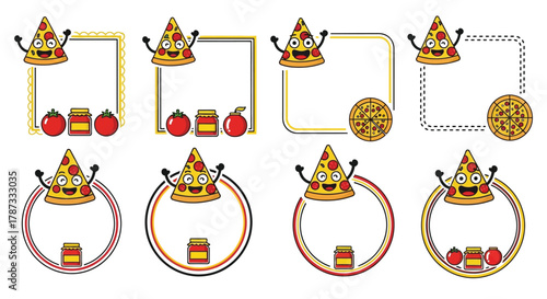 Pizza slice cartoon frame border vector illustration set design art