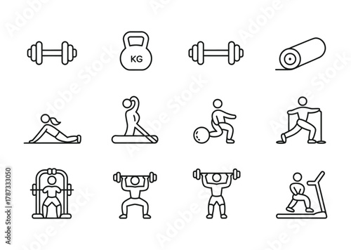 Fitness equipment and workout exercise line icons