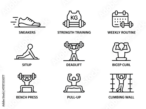 Fitness and strength training line icon vector set