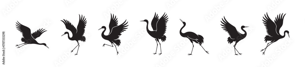 Obraz premium Crane bird silhouettes collection, elegant heron poses, flying and standing birds, wildlife illustration, nature animal design, graceful bird vector art, black silhouette