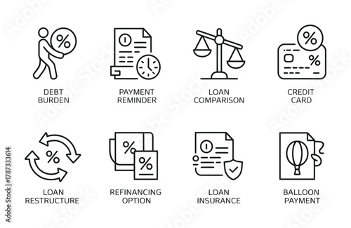 Debt, finance and loan service line icon collection