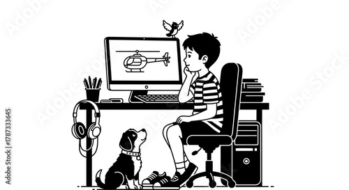 Boy drawing helicopter on computer with dog vector illustration