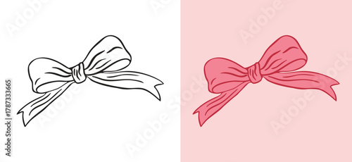 Hand drawn coquette bow. Aesthetic elegant girly bow. Elegant vintage girly decor,. Trendy art symbol for Valentine day and wedding invitations. Doodle line art illustration