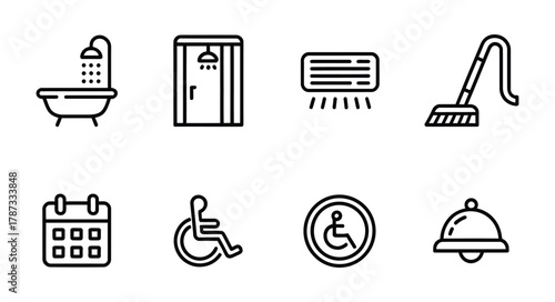 Hotel cleaning, accessibility and room facility line icons