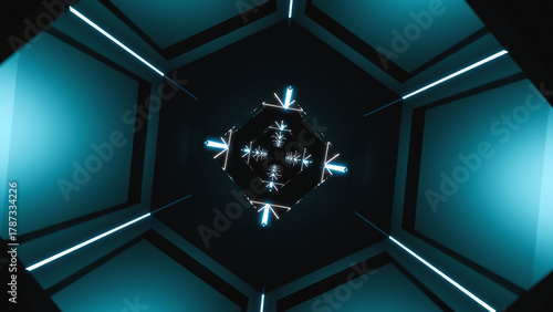 3D illustration of a glowing neon tunnel with reflective hexagons