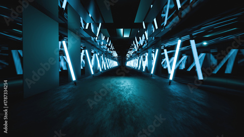 Fototapeta Naklejka Na Ścianę i Meble -  3D illustration of a glowing neon tunnel decorated with reflective surfaces