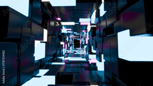 Fototapeta Naklejka Na Ścianę i Meble -  3D rendering of glowing blue cube tunnel.