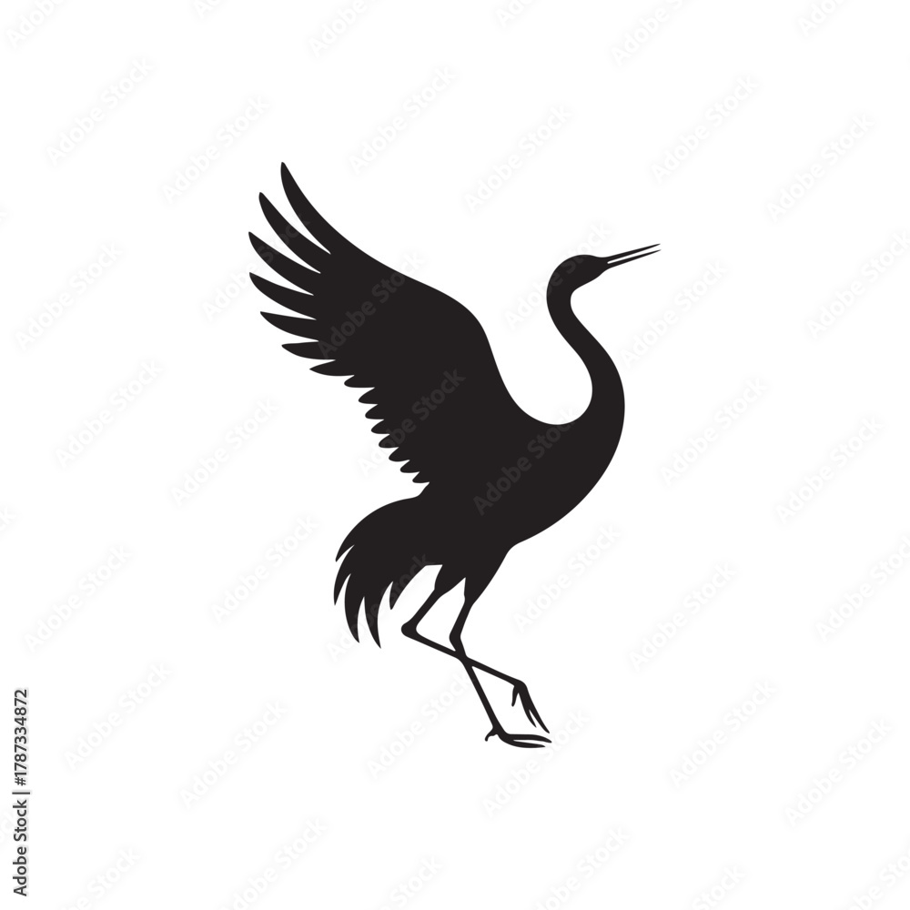 Obraz premium Black Silhouette of Sandhill Crane Gracefully Flying Against White Background