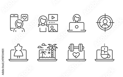 Blogging and influencer digital lifestyle line icons
