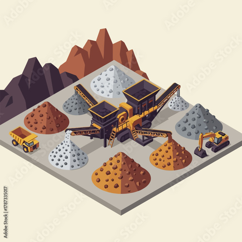 Isometric Mining and Quarrying Operation with Crushing Machine and Piles of Minerals.