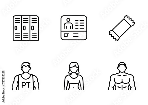 Gym locker, personal trainer and membership line icon set