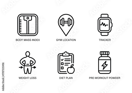 Fitness and nutrition lifestyle line icons set