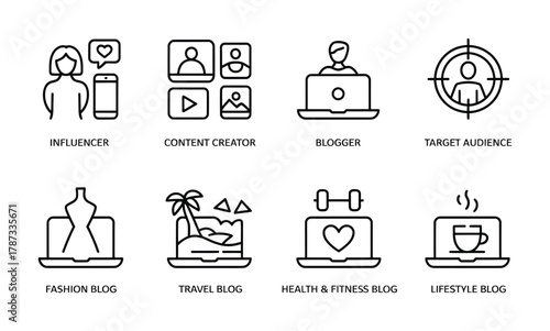 Blogger and influencer online content creation icons