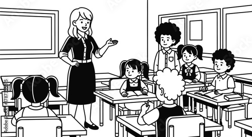 Classroom scene with teacher and students black and white illustration