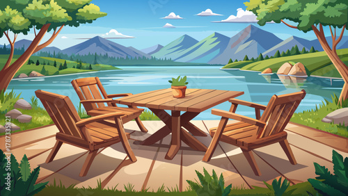 Very beautiful lakeside setup featuring rough-hewn wooden chairs and a simple rustic table overlooking calm reflective water, with soft natural light and a realistic peaceful outdoor atmosphere.