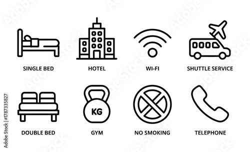 Hotel service and travel amenities line icon collection
