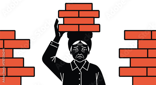 Illustration of woman carrying bricks construction labor poverty work