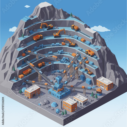 Isometric Open Pit Mine with Excavators and Trucks Working.