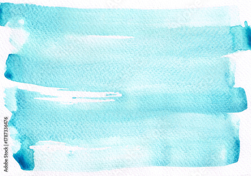 Watercolor background. Different shades of blue, cyan. White background. Texture of watercolor paper. Watercolor spots are created by straight lines with a brush. Have an alternating gradient.