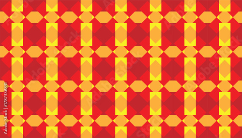 A seamless geometric pattern featuring bright yellow shapes arranged over a vibrant red background. The repeated diamond and rectangular elements create a bold, rhythmic structure